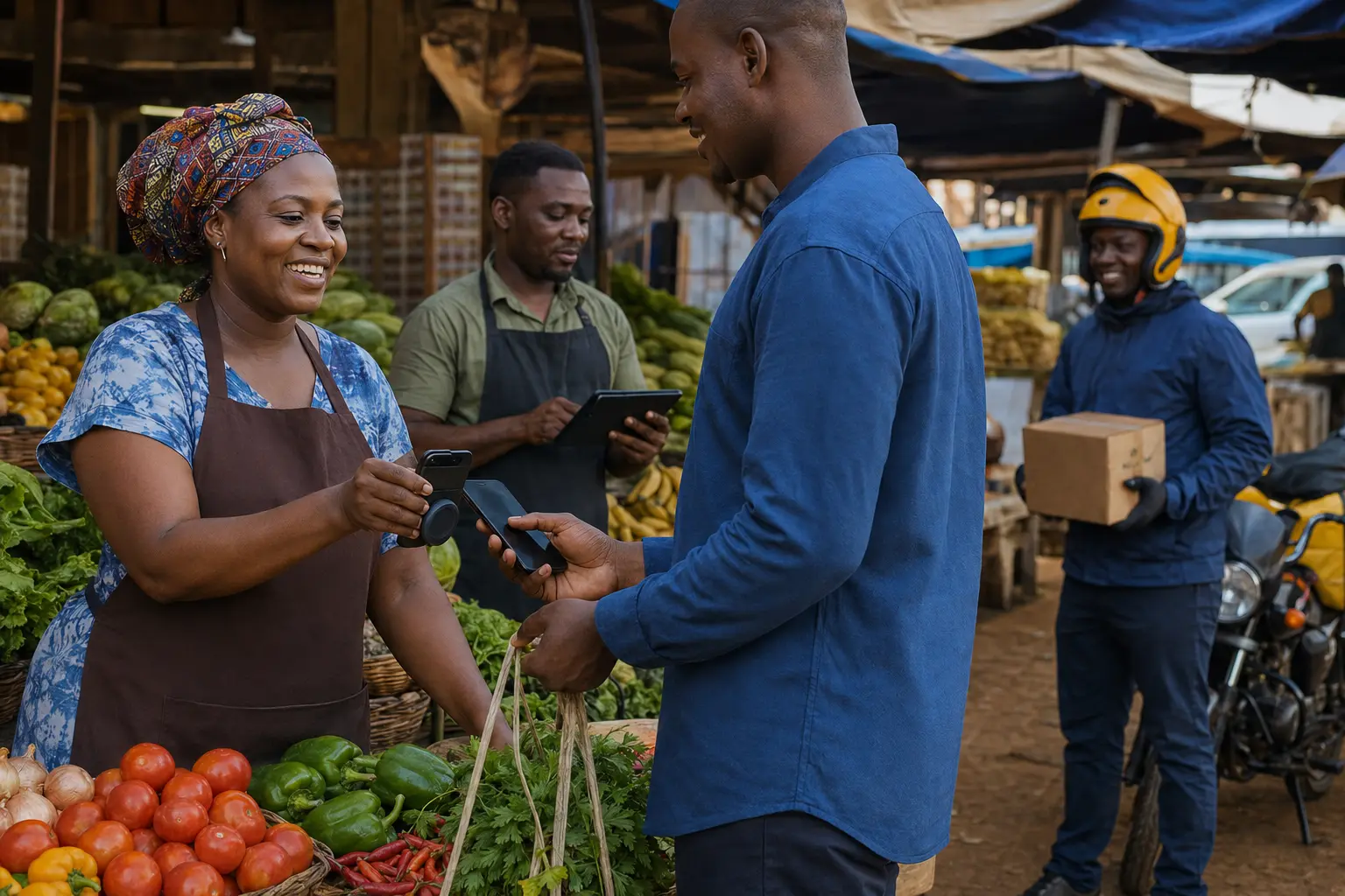 Traders in everyday clothing using a mobile payment at a produce market