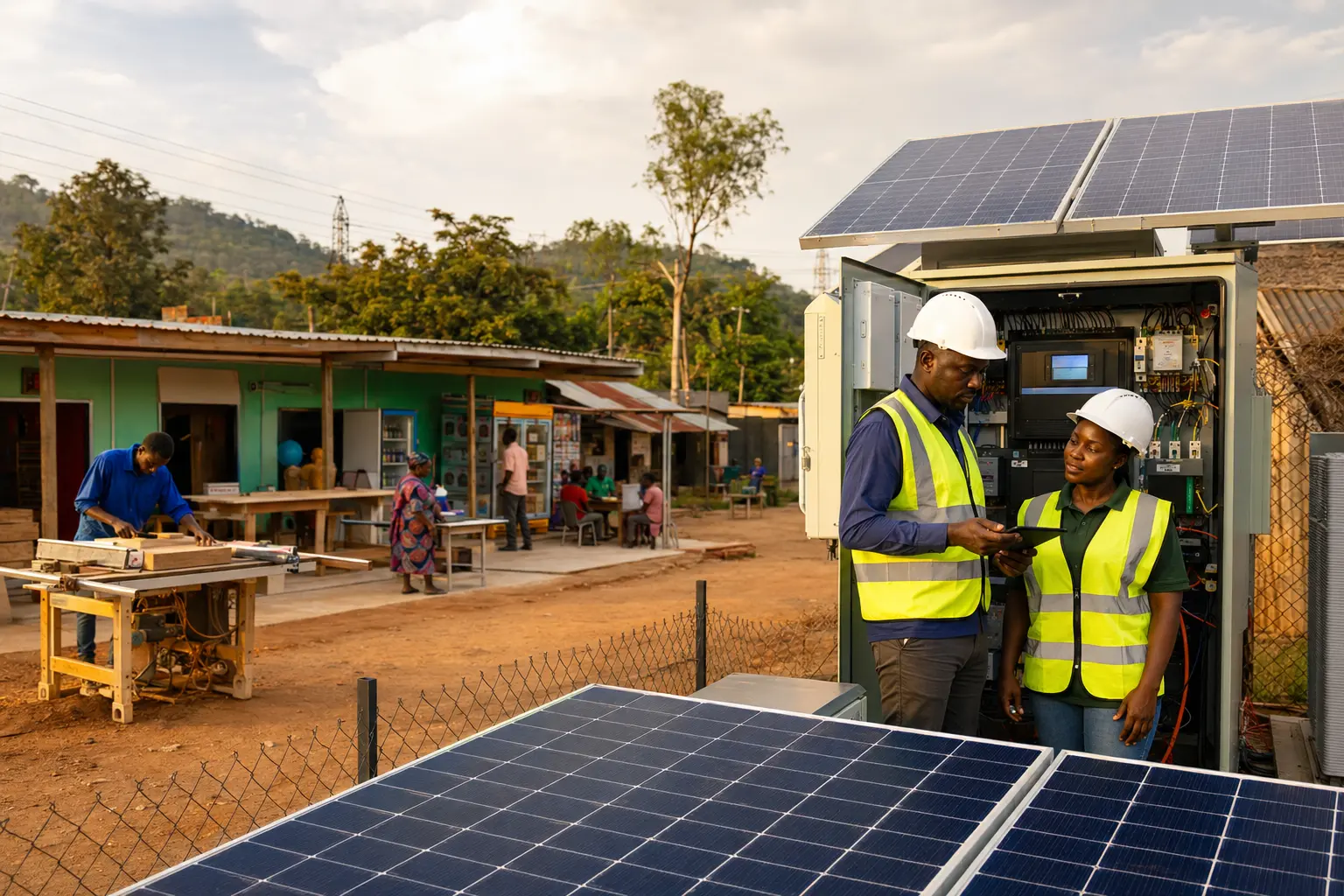 Energy technicians in safety equipment working on community solar infrastructure