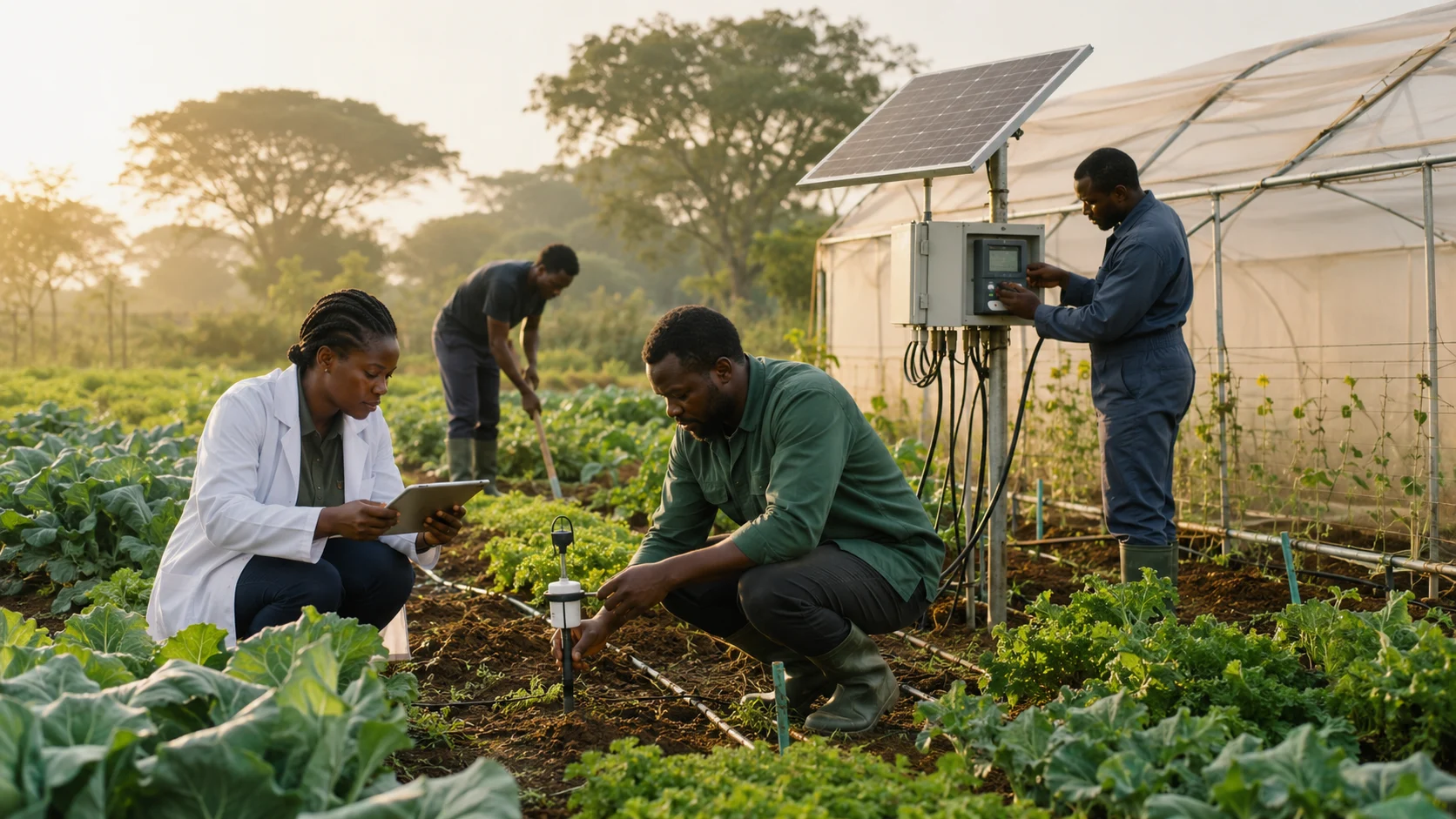 Agricultural professionals in practical workwear checking crops and irrigation