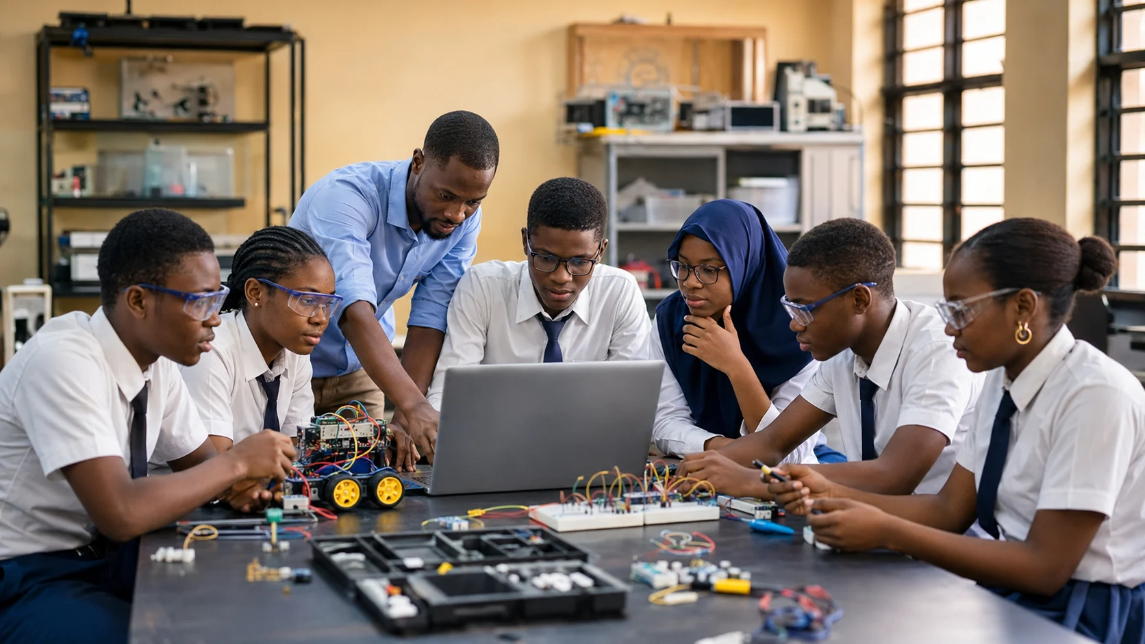 Illustration of secondary-school students in uniforms building a robotics project with their teacher